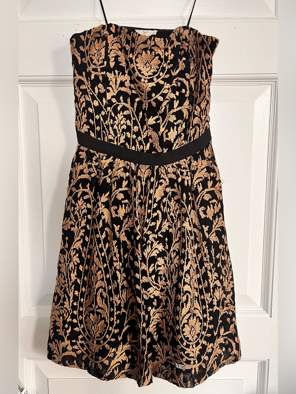 Joie“Borough” Fit-and-Flare Strapless Dress with Gold Floral Jacquard Overlay